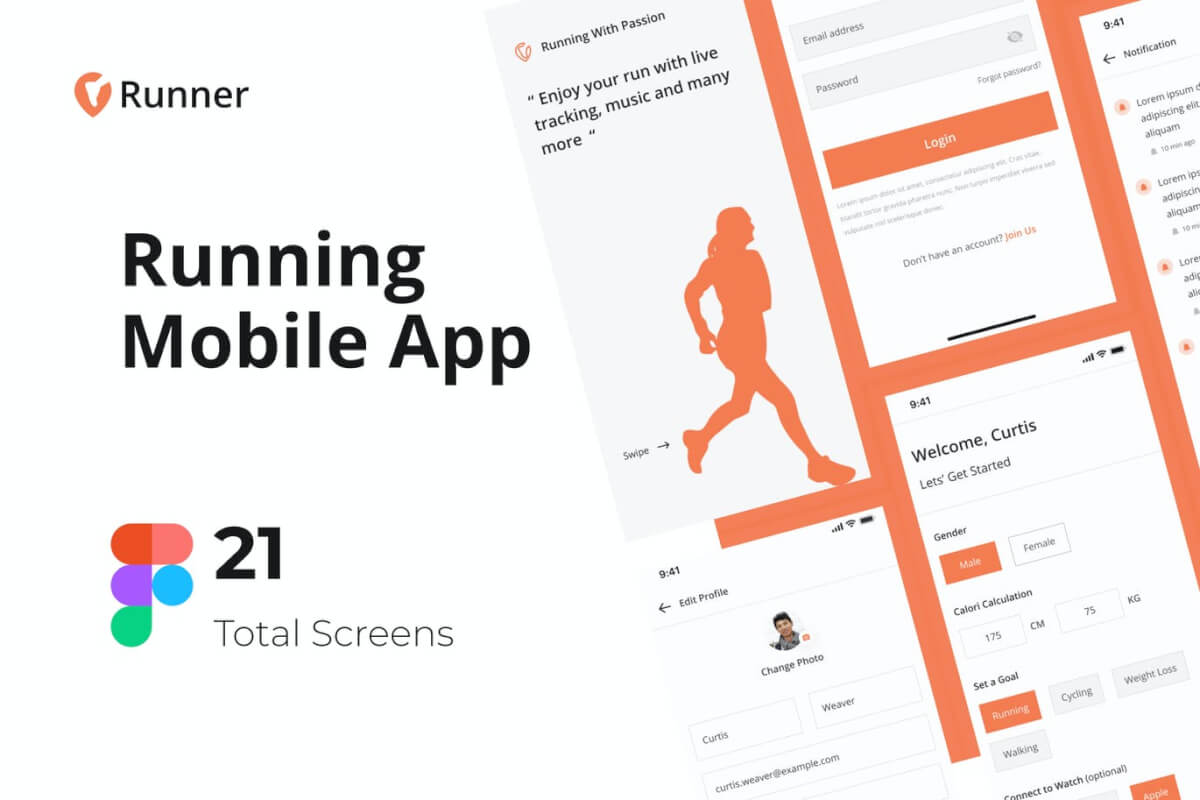 跑步者运行Mobile App UI套件Figma