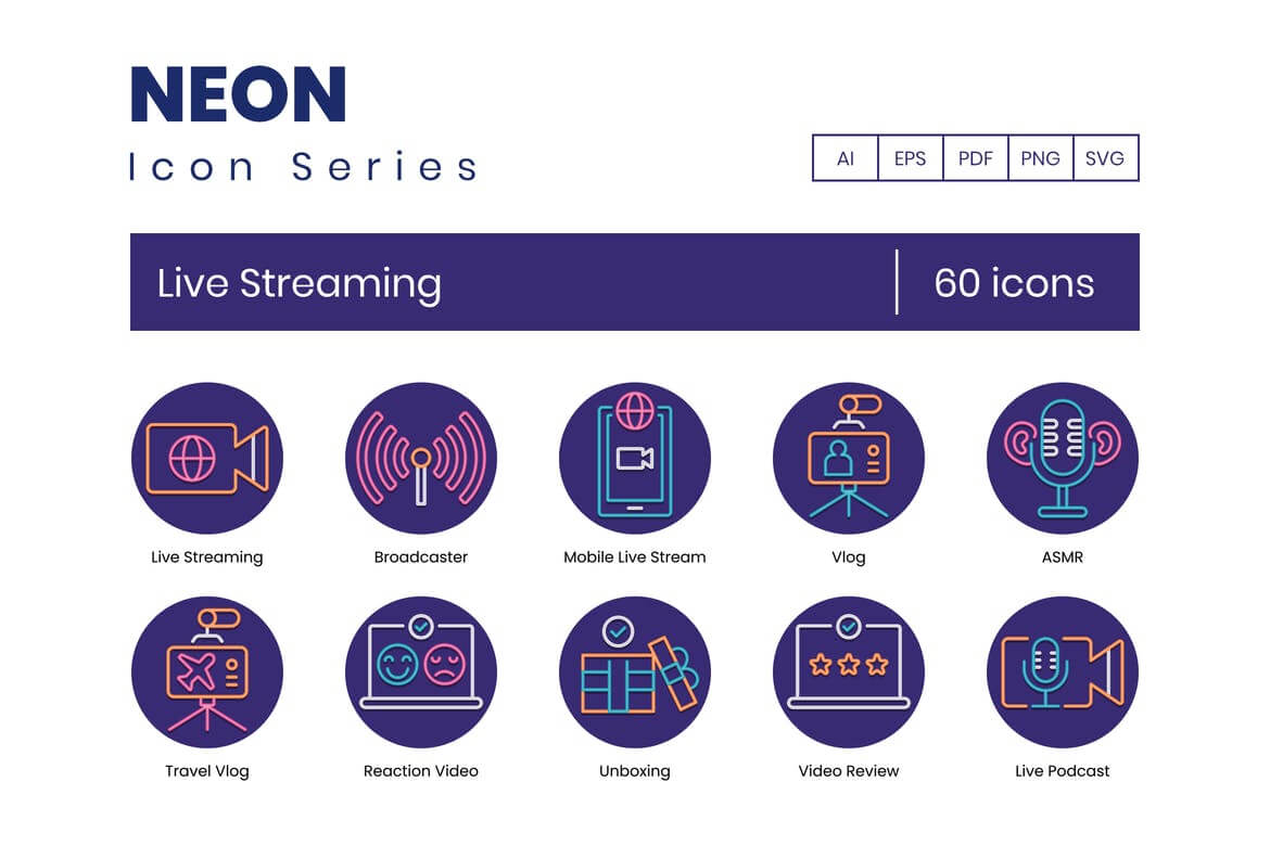 60 个实时流媒体图标-霓虹灯系列