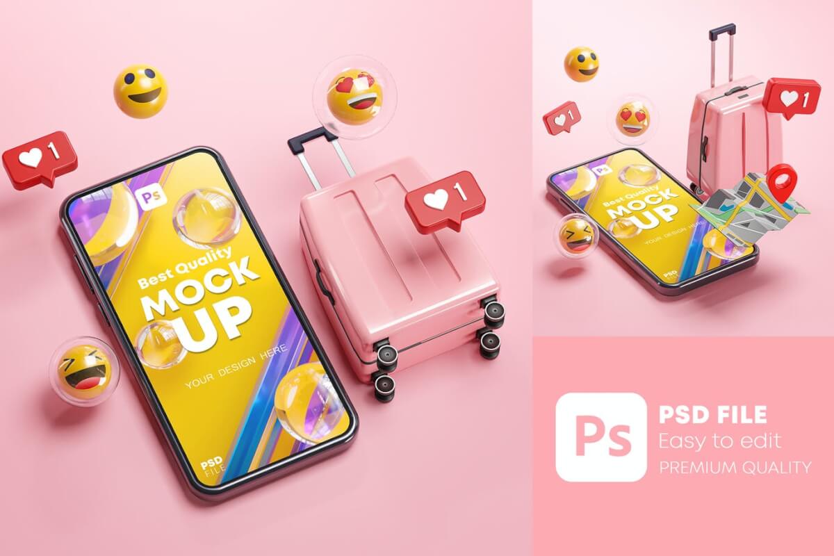 手机样机粉红色手提箱表情符号旅行在线 3D