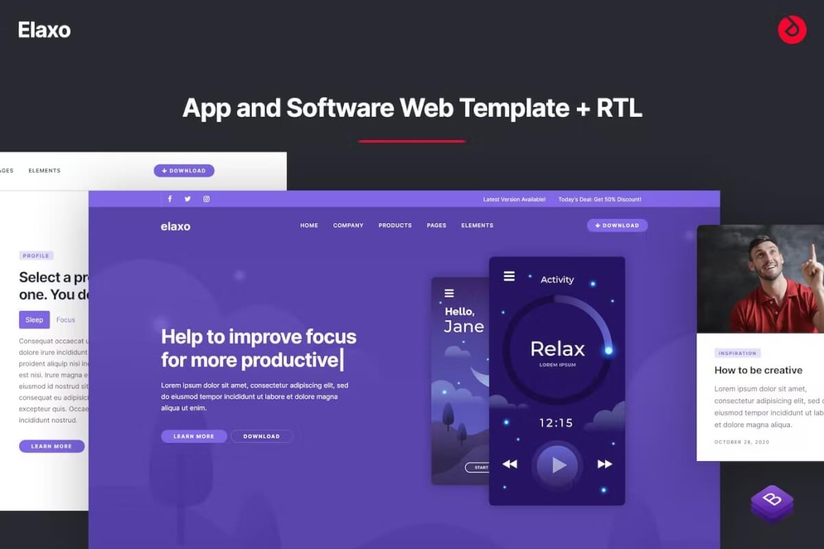 Elaxo - 应用程序和软件网站模板 + RTL